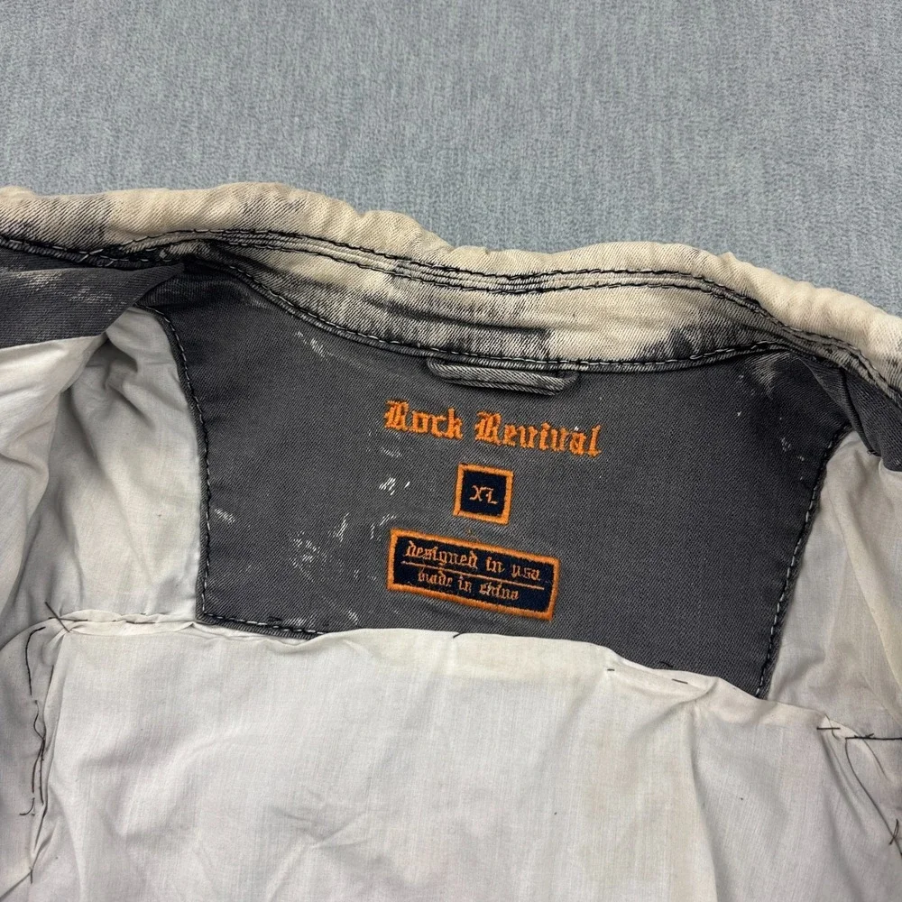VTG‎ Rock Revival Jacket Mens XL Gray Distressed Studded Rare Custom Patch Skull